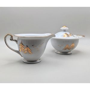 Kutani cream sugar set RARE PATTERN Japanese gold white pagoda bridge mountains